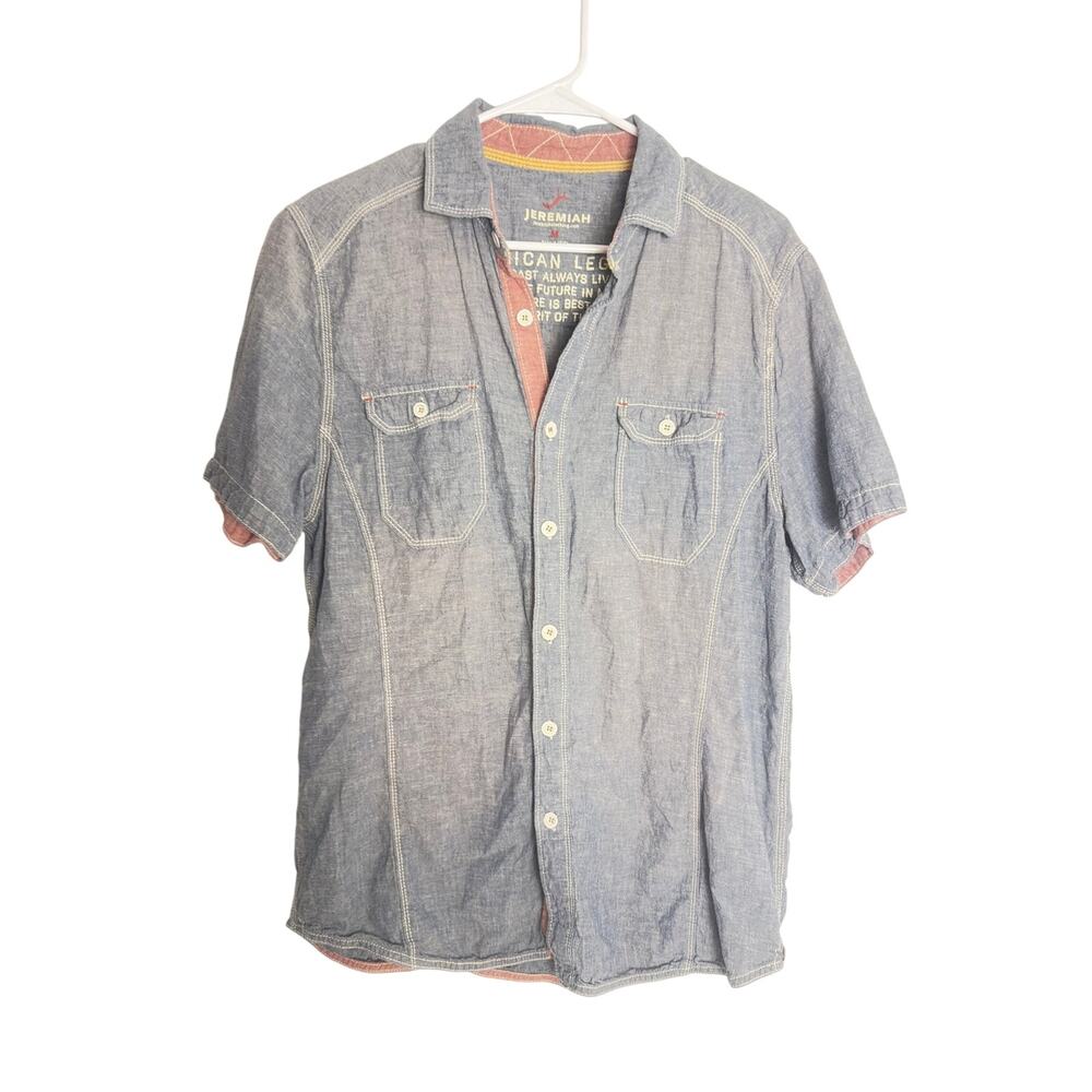 Jeremiah Men Medium Blue Linen Blend Short Sleeve Button Down Chambray Shirt